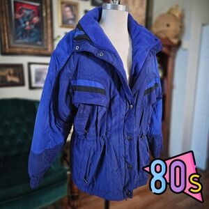 Tyrolia Skiwear Jacket Vintage 80s Blue Hooded Winter Coat Parka Womens Medium